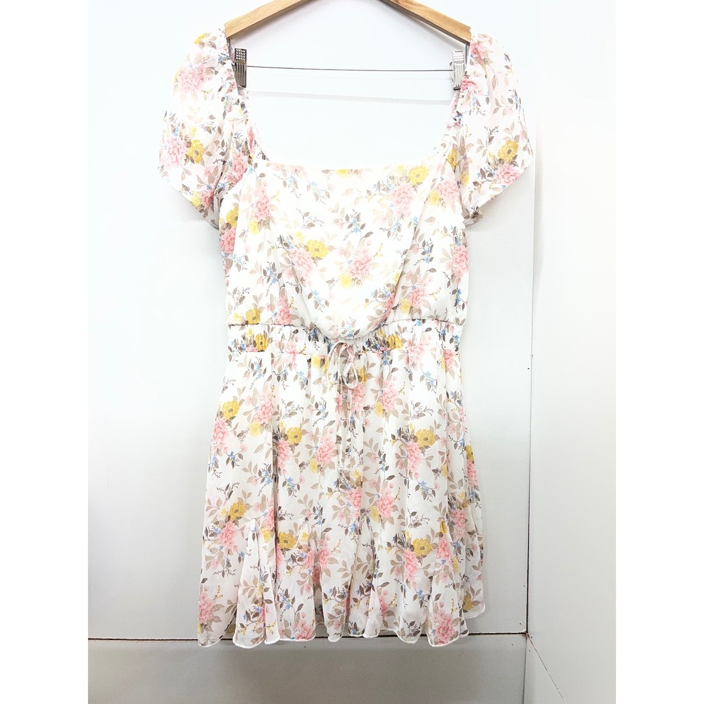 Trixxi Floral Mini Dress XL White Pink Yellow Cottagecore Flutter Sleeve Ruffle